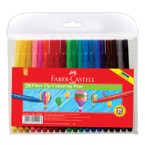 Image shows 20 packaged Faber-castell Fibre point colouring pens