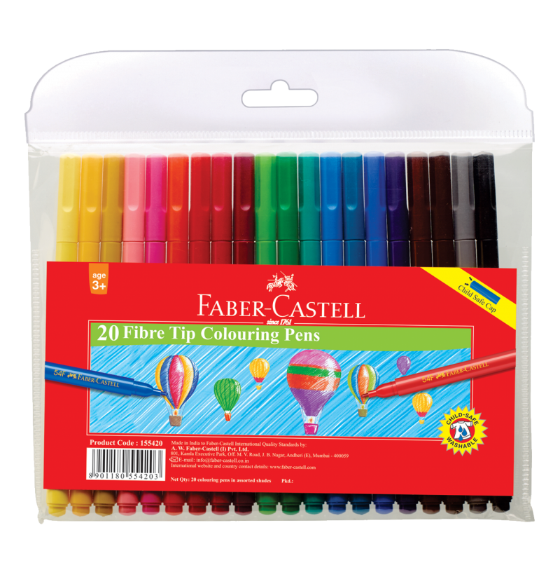 Image shows 20 packaged Faber-castell Fibre point colouring pens