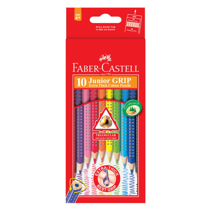 Image shows 10 packaged Faber-Castell Junior Grip Colour Pencils