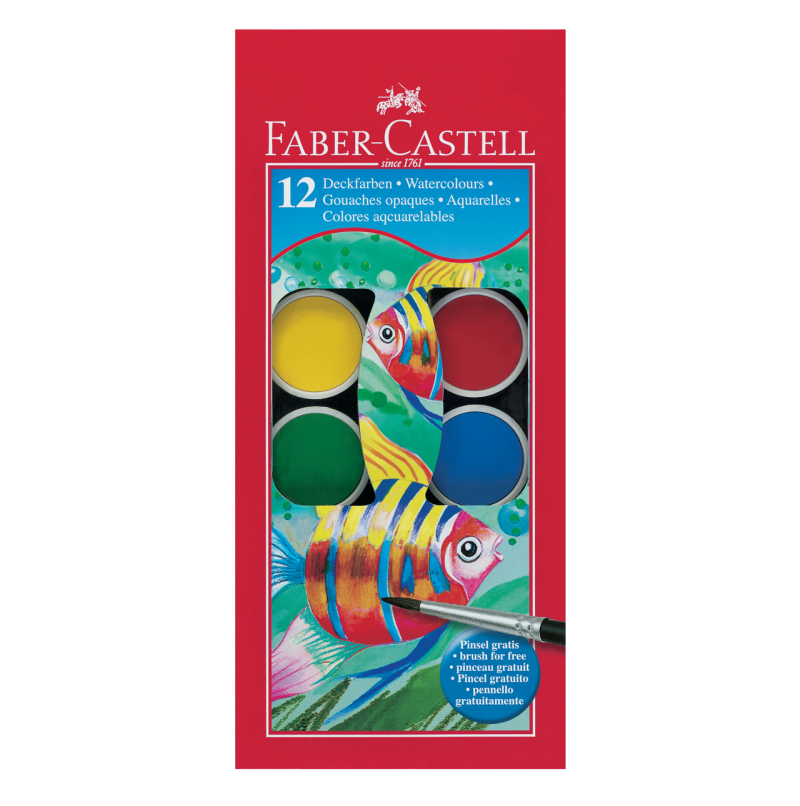 Image shows 12 packaged Faber-Castell watercolour paint