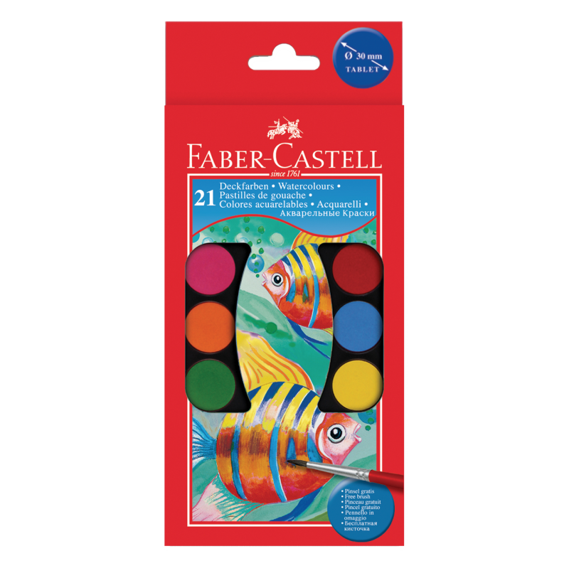 Image shows 21 packaged Faber-Castell watercolour paint