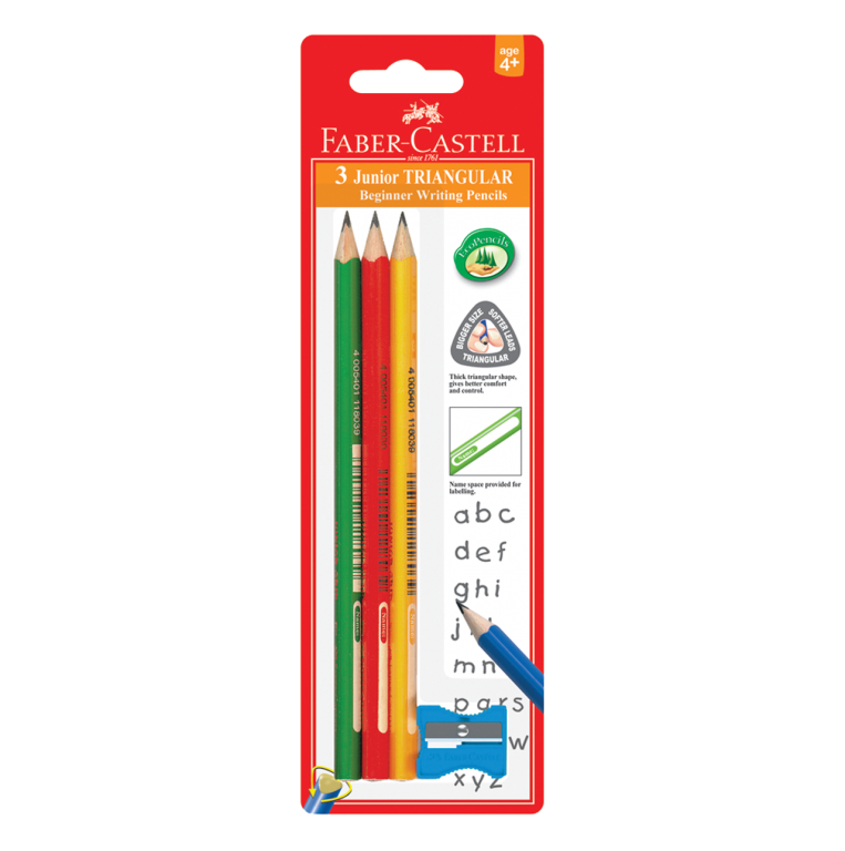 Image shows 3 Faber-Castell Junior Grip pencils with a sharpener