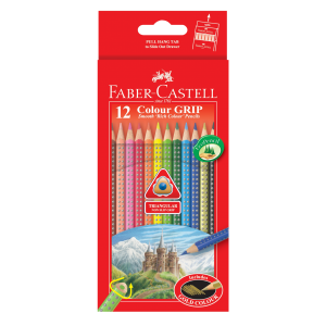 Image shows 12 packaged Faber-Castell Colour Grip Pencil Crayons