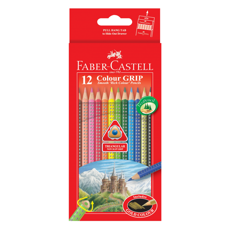 Image shows 12 packaged Faber-Castell Colour Grip Pencil Crayons