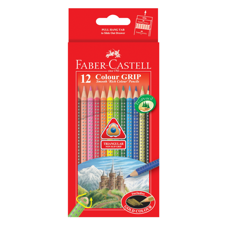 Image shows 12 packaged Faber-Castell Colour Grip Pencil Crayons