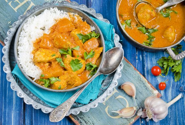 Image shows thai chicken curry with butternut